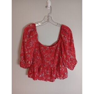 Dear John Floral Boho Blouse Top Small Rouching Cotton Red